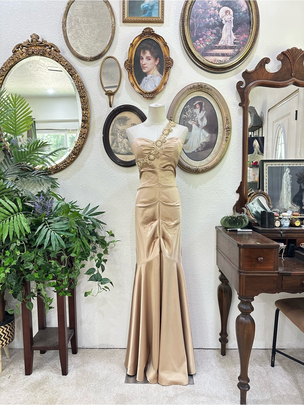 Xscape One-Shoulder Satin Maxi Dress in Gold